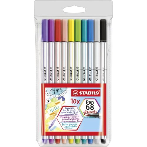 Fasermaler Pen 68 brush 10er Kunststoffetui, Strichstärke: variabel. Farben: violett, dunkelblau, mittelgrau, schwarz, lila, karmin, hellrosa, gelb, laubgrün, türkisblau.