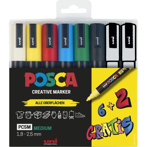 Posca Marker-Set PC-5M mittelfeine Rundspitze - 6+2 Set