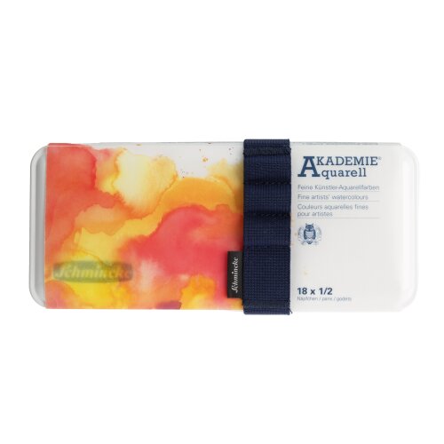 Schmincke Akademie Aquarell mit 18 x 1/2 Näpfchen, inkl. Stift-/Pinselgummi