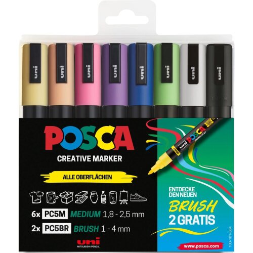 Posca Marker Brush Pen 6 + 2 Set, PC-5M/5BR