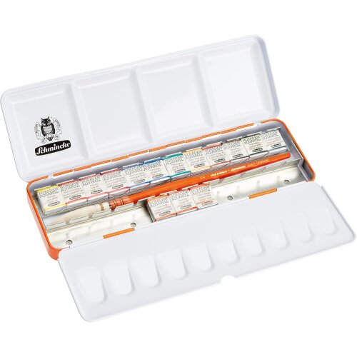 Schmincke Horadam Aquarell Metallkasten "Juicy Orange"15 x1/2 Näpfchen + Pinsel daVincy Limited